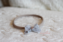 Load image into Gallery viewer, Grey lace ribbon on pastel pink hairband or brown elastic