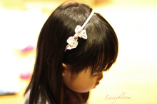 Load image into Gallery viewer, Grey lace ribbon on pastel pink hairband or brown elastic