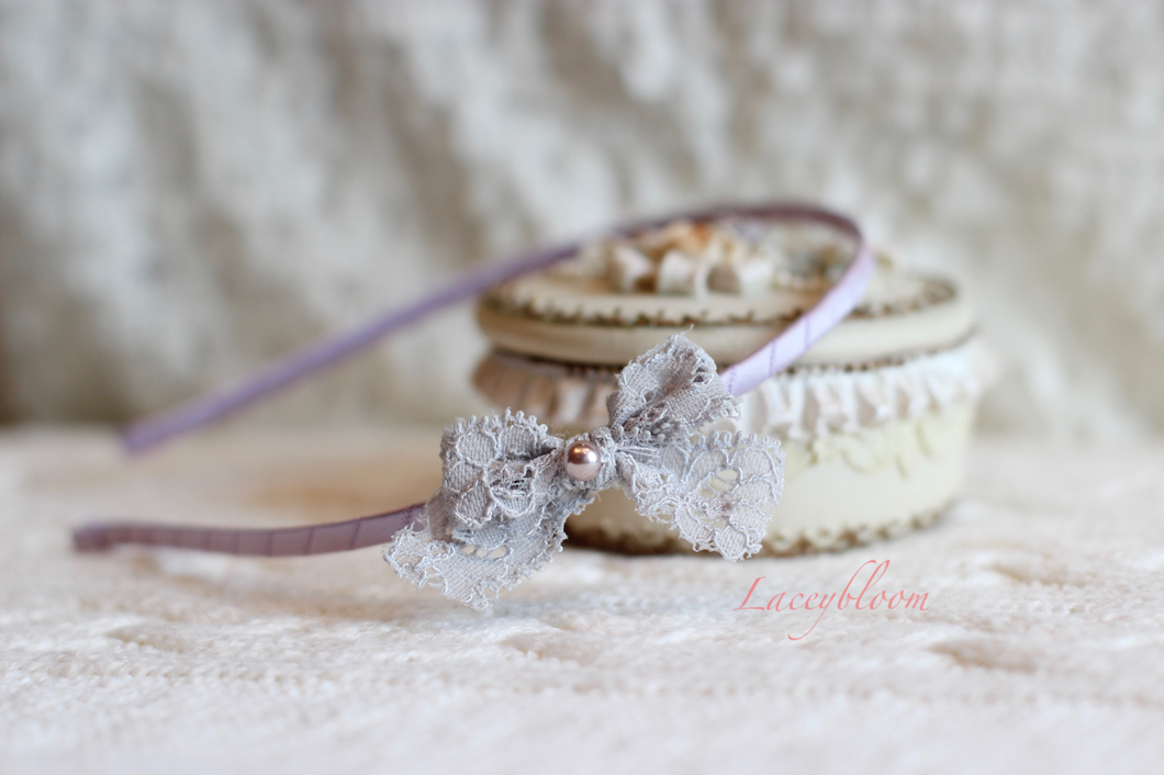 Grey lace ribbon on pastel pink hairband or brown elastic