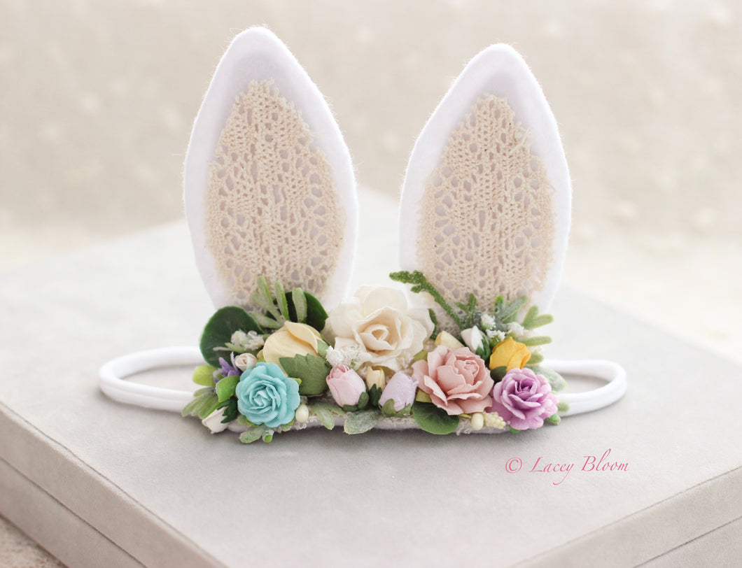 Floral bunny hairband on white soft elastic (removable ears)